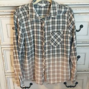 Maurices Black, Cream & Brown Plaid Casual Shirt, Gauze Fabric, Sz L, Worn Once